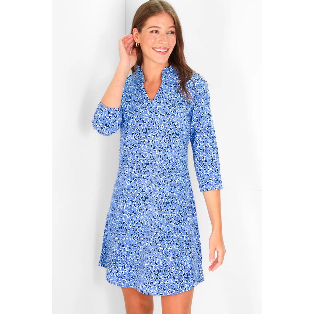 Duffield Lane Lillian Mini Dress Blue Bouquet XS Floral Ruffle A-Line Resortwear